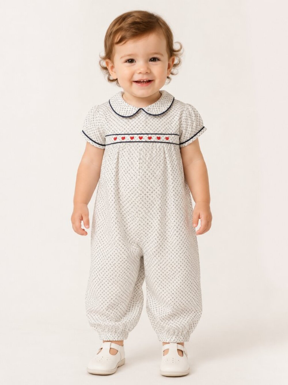 Smockingbird 24M Smocked Heart Romper Peter Pan Collar Classic Heirloom